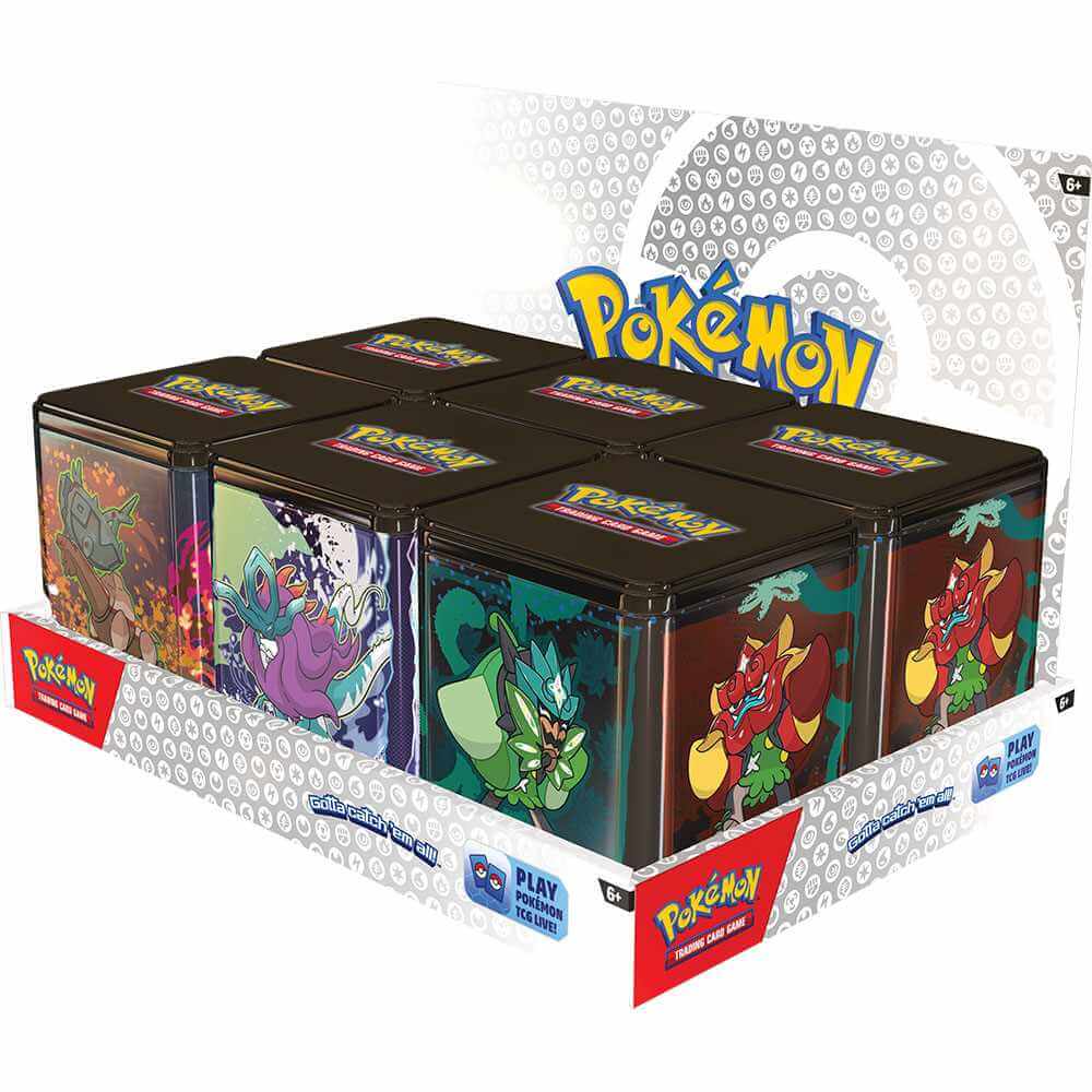 Pokémon TCG: Stacking Tins March 2025 featuring powerful Pokémon from Paldea or Kitakami with booster packs and sticker sheets.