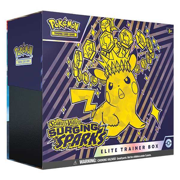 Pokémon TCG: Surging Sparks - Elite Trainer Box with Pikachu ex illustration and lightning design.