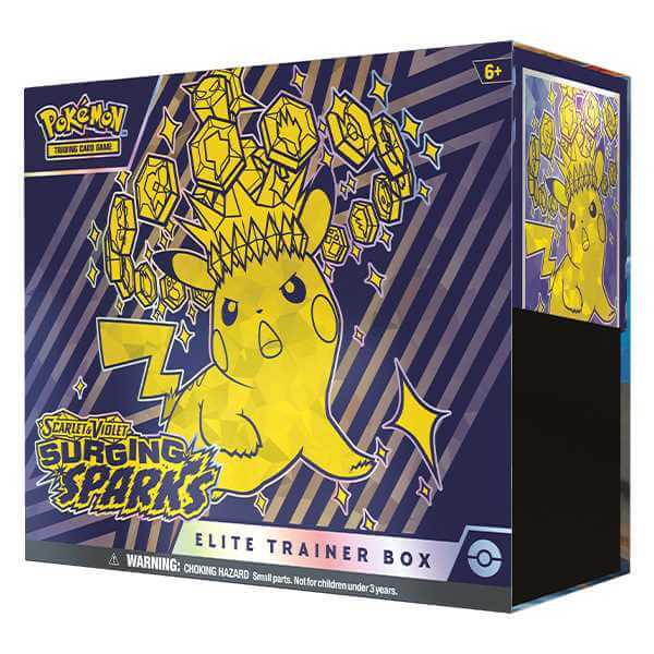 Pokémon TCG: Surging Sparks - Elite Trainer Box featuring Pikachu with vibrant electric graphics on packaging.