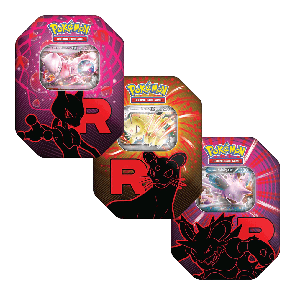 Pokémon TCG: Team Rocket Tin featuring Mewtwo ex, Nidoking ex, and Persian ex promo cards with striking artwork and strategic options.