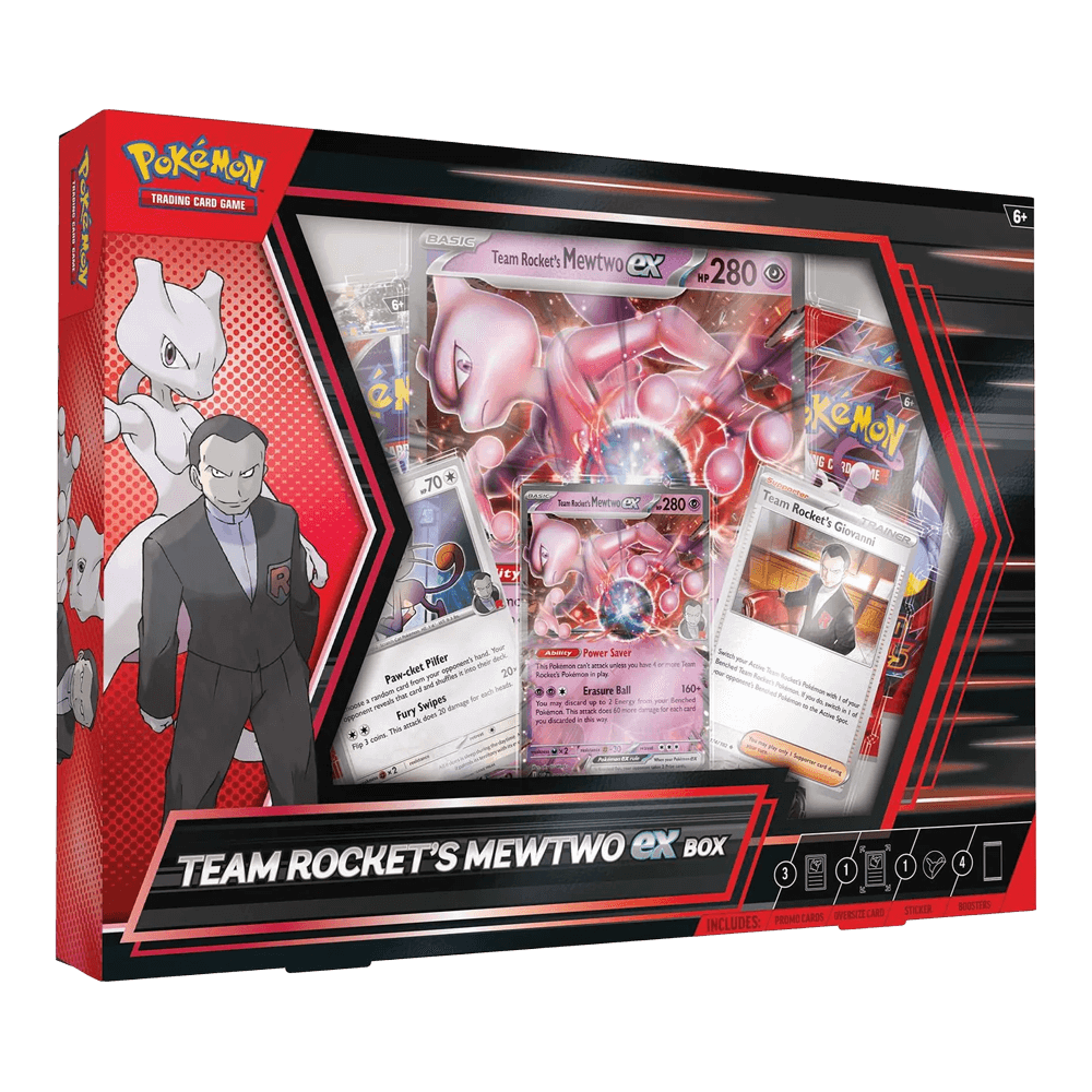 Pokémon TCG: Team Rocket's Mewtwo ex Box featuring foil promo card and Team Rocket Pokémon cards in a dynamic package.