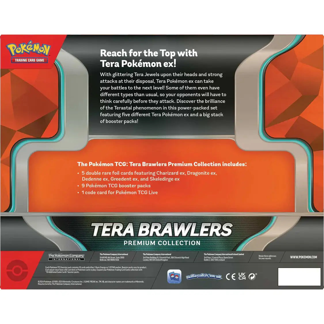 Pokemon Tera Brawlers Premium Collection packaging showcasing Tera Pokémon ex cards and features.