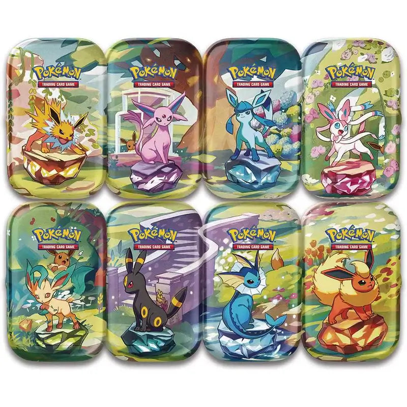 Assorted Pokémon Prismatic Evolutions Mini Tin collection with colorful designs and popular characters.
