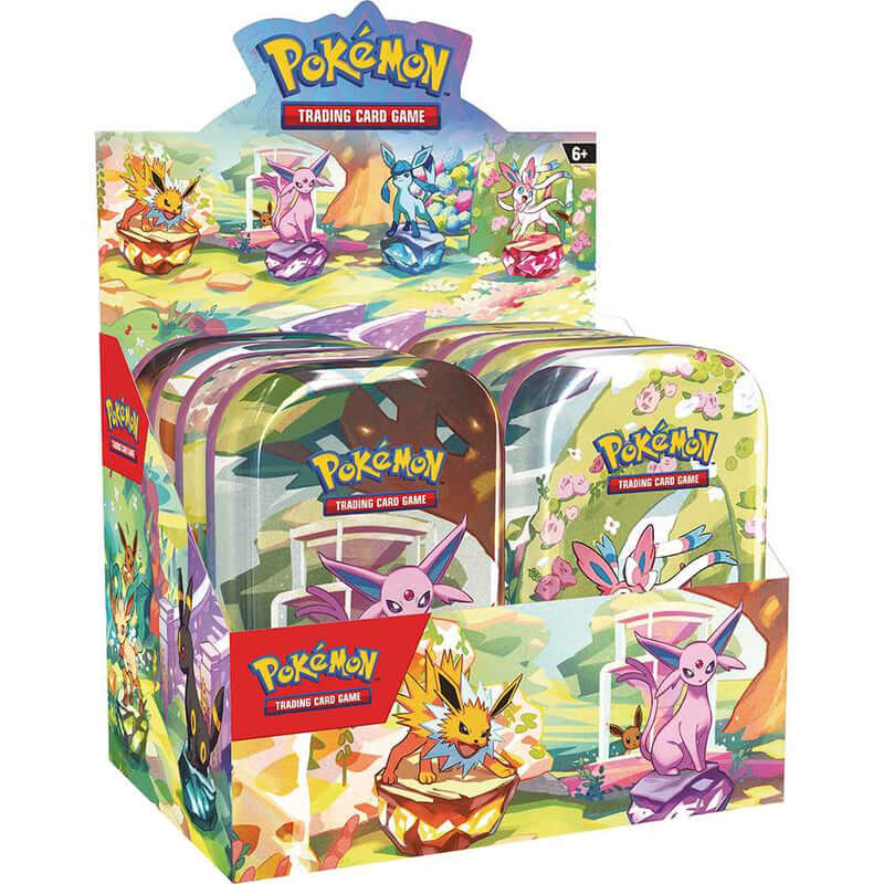 Display of Pokémon Scarlet & Violet Prismatic Evolutions Mini Tin with booster packs.