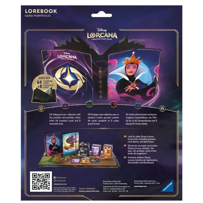 Back cover of Ravensburger Disney Lorcana The Evil Queen Card Portfolio - Set 1 with Evil Queen artwork and card details.