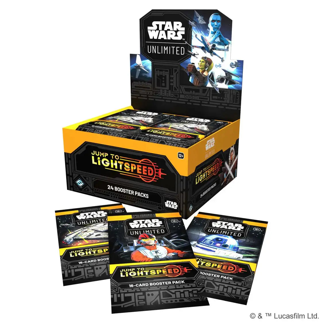 Star Wars: Unlimited Jump to Lightspeed Booster Box with 24 packs featuring iconic Star Wars characters in exciting card battles.
