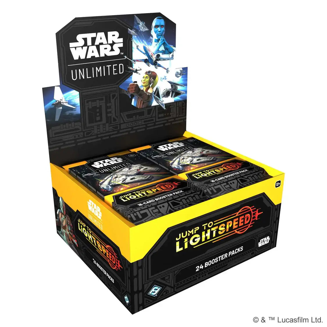 Star Wars: Unlimited Jump to Lightspeed Booster Box with 24 packs featuring iconic characters and exciting gameplay.