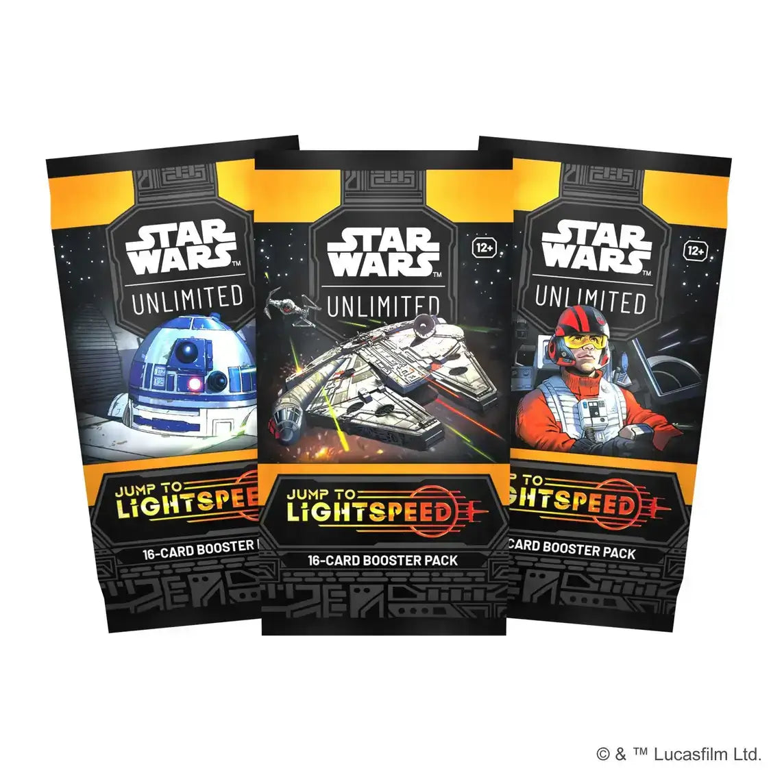 Three Star Wars: Unlimited Jump to Lightspeed Booster Packs featuring iconic characters and artwork.
