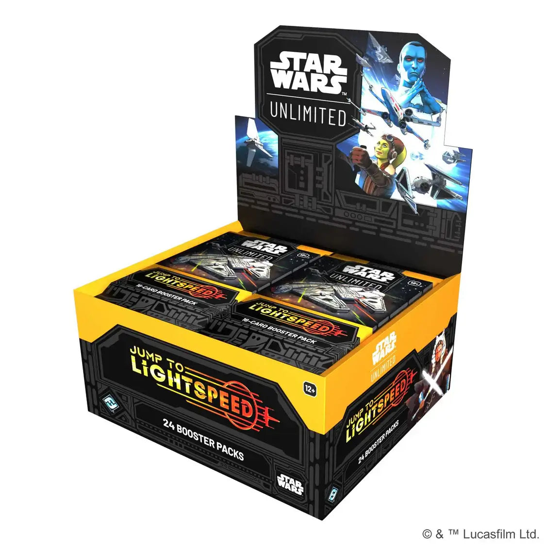 Star Wars: Unlimited Jump to Lightspeed Booster Box with 24 booster packs for trading card battles featuring iconic Star Wars characters.