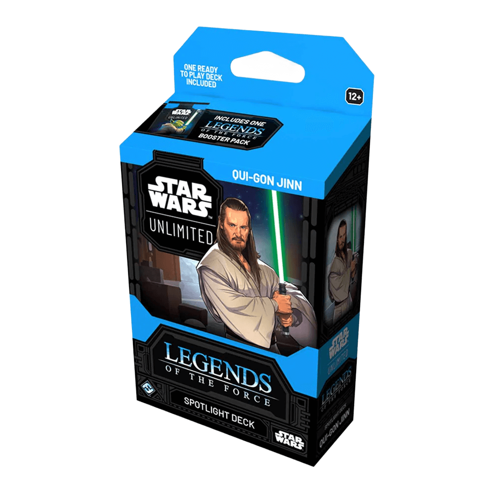Star Wars: Unlimited Spotlight Deck - QuiGonJinn - Legends of the Force Display featuring Qui-Gon Jinn trading card game pack.