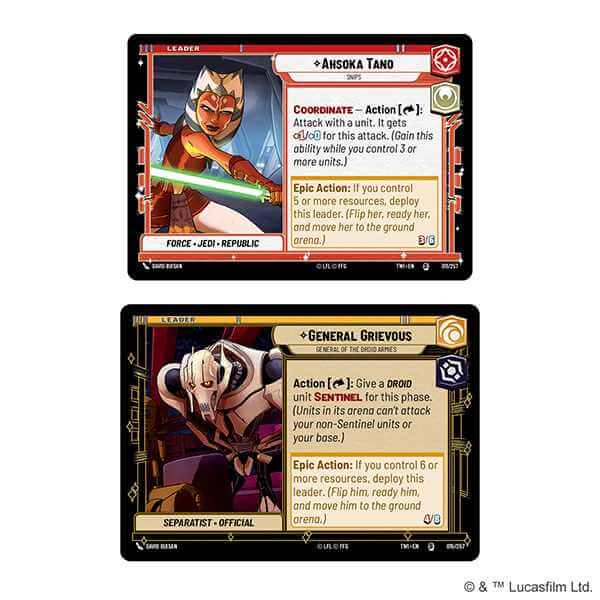 Star Wars: Unlimited Twilight of the Republic Two-Player Starter card featuring Ahsoka Tano and General Grievous.