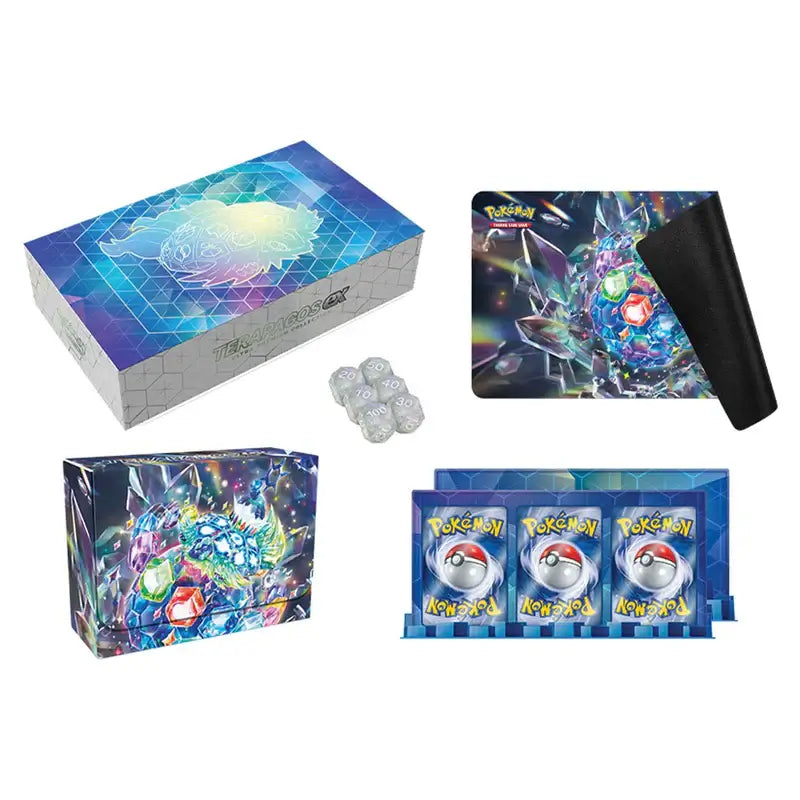 Terapagos EX Ultra-Premium Collection featuring Pokémon TCG cards, playmat, and box with Terastal energy theme.