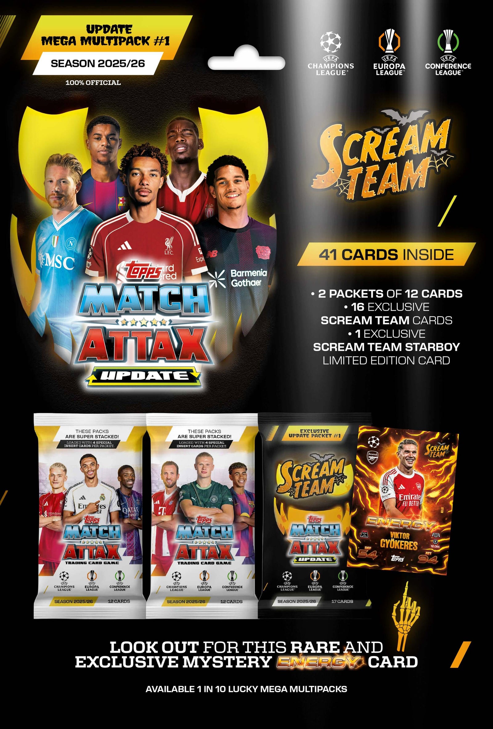 Topps Match Attax Scream Team Mega Multipack with 41 cards, including exclusive Scream Team and Starboy Limited Edition cards.
