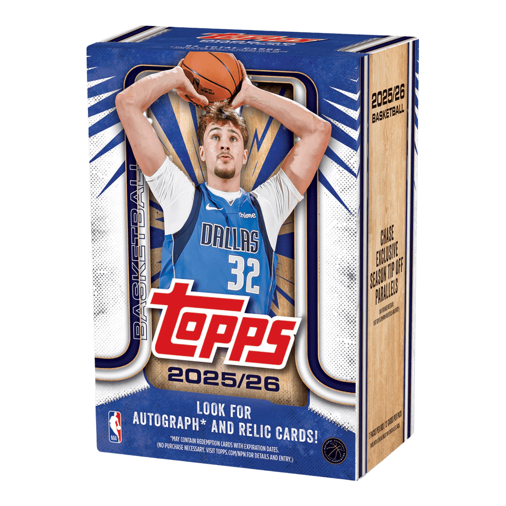 Topps NBA 2025-26 Blaster Box featuring basketball player, designed to appeal to collectors seeking rookies and iconic cards.