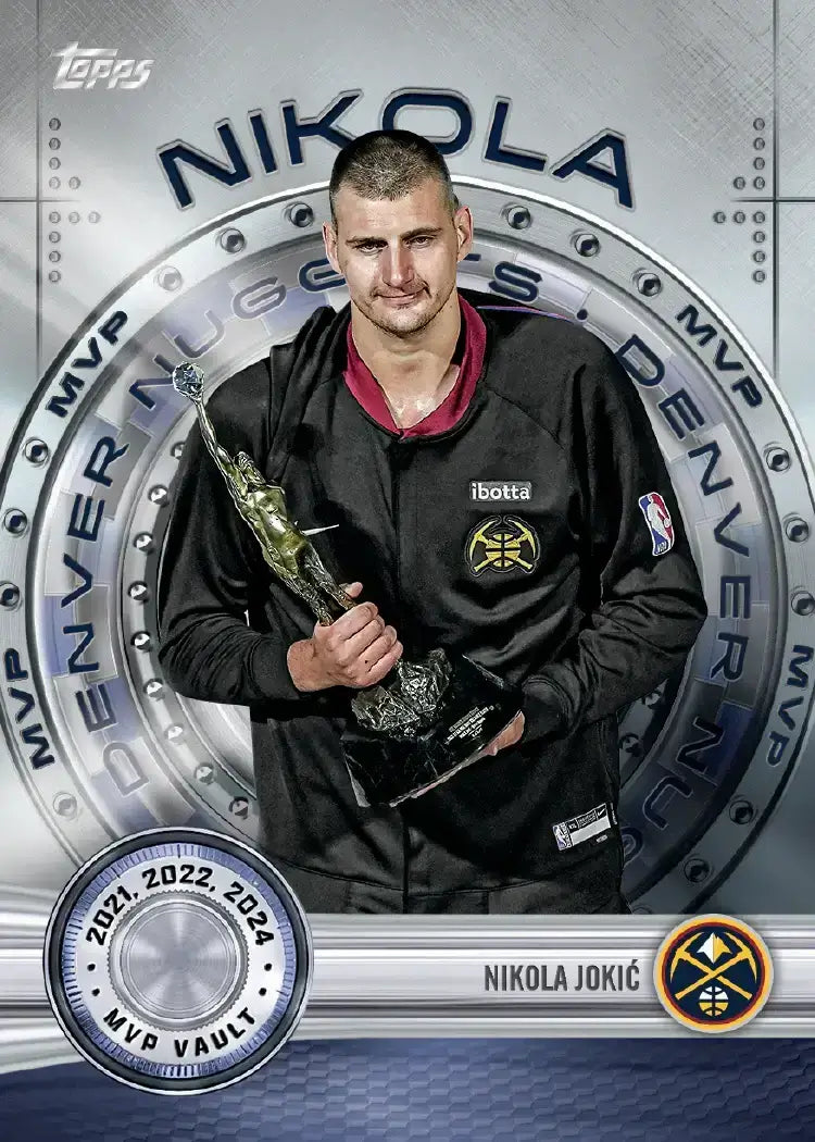 Topps NBA 2025-26 Jumbo Box MVP card featuring player holding trophy, showcasing vibrant design and NBA 2025-26 collection.