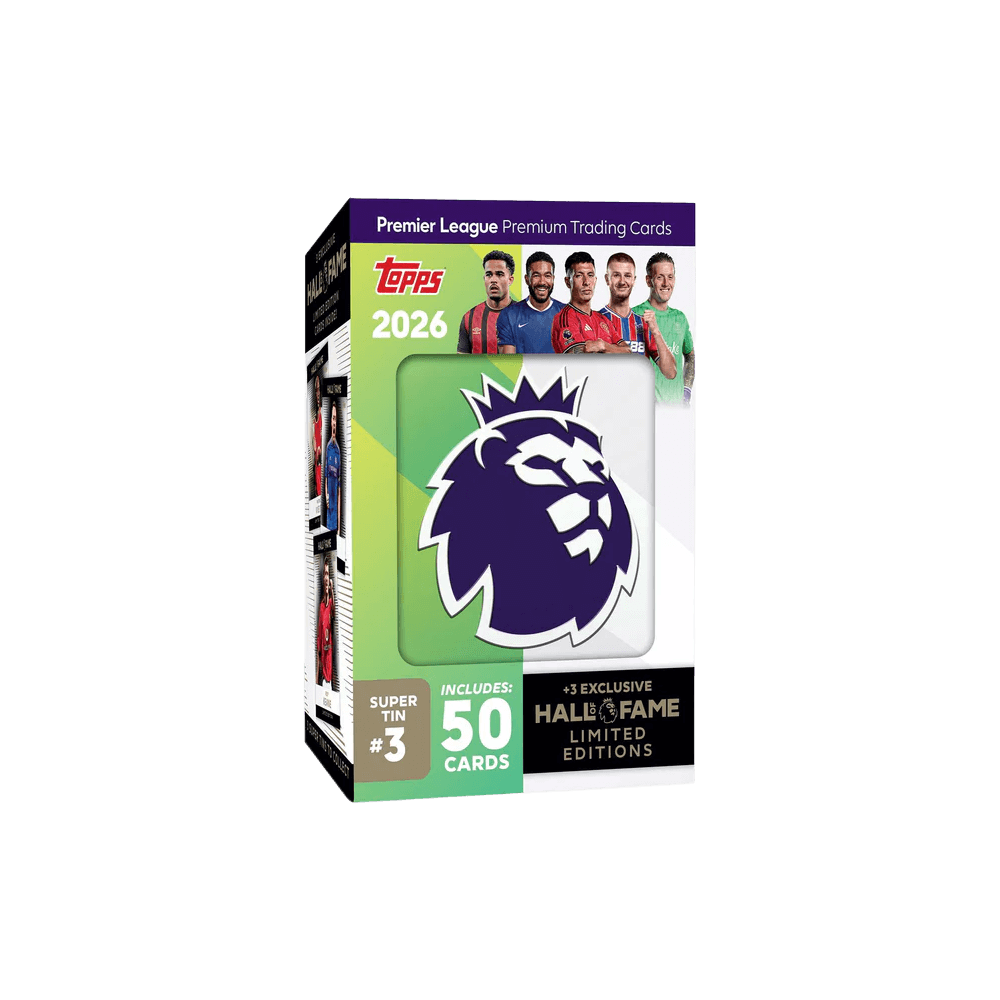 Topps Premier League 2025/26 Hall of Fame Super Tin Number 3, trading card box featuring 50 cards and limited editions displayed.
