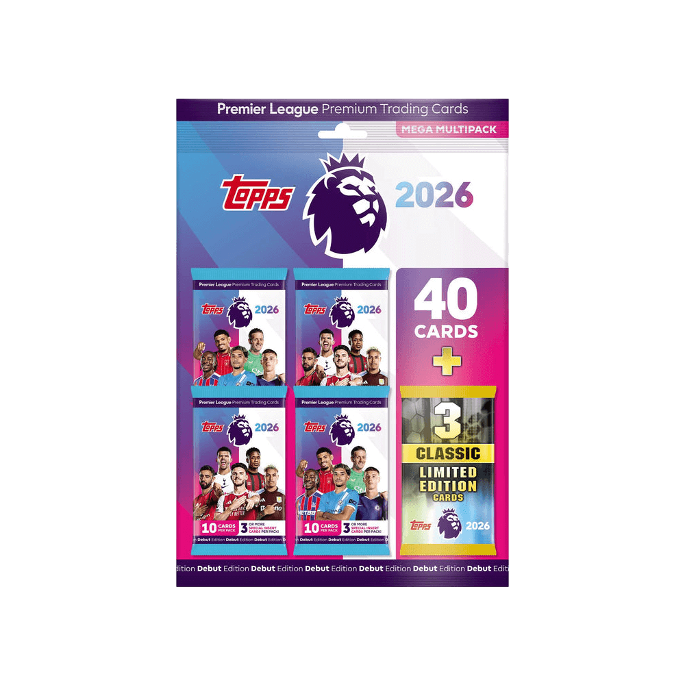 Topps Premier League 2025/26 Mega Multipack with 40 trading cards and limited editions.