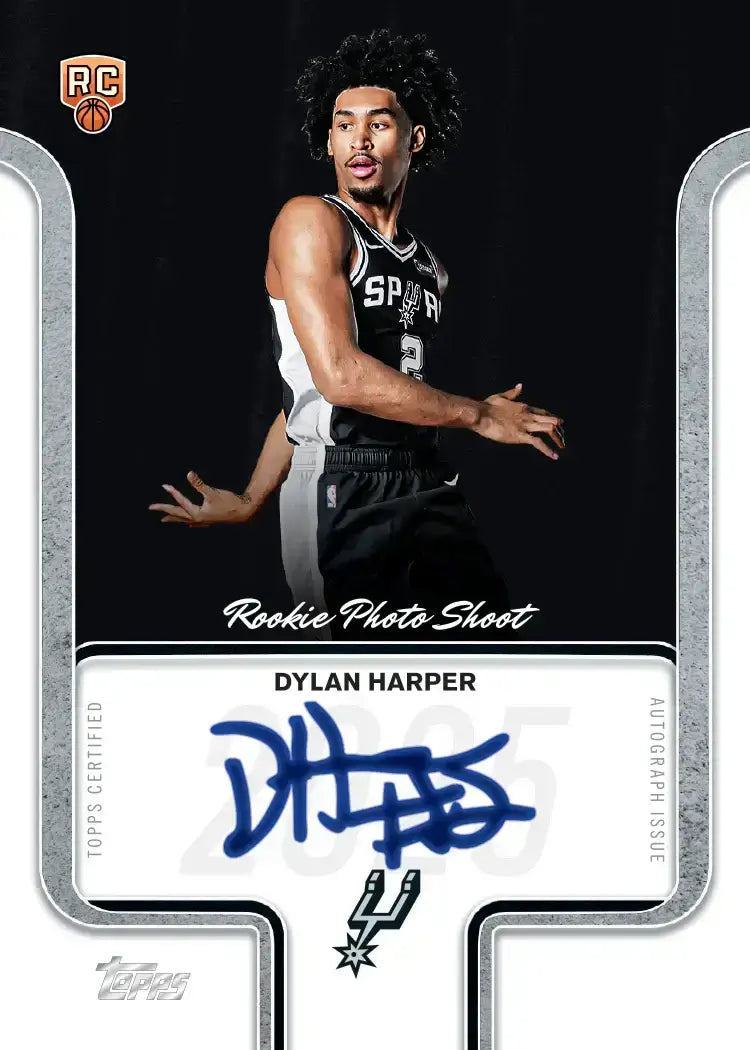 Topps NBA 2025-26 Jumbo Box rookie photo card featuring Dylan Harper autographed, RC badge, San Antonio player in action pose.