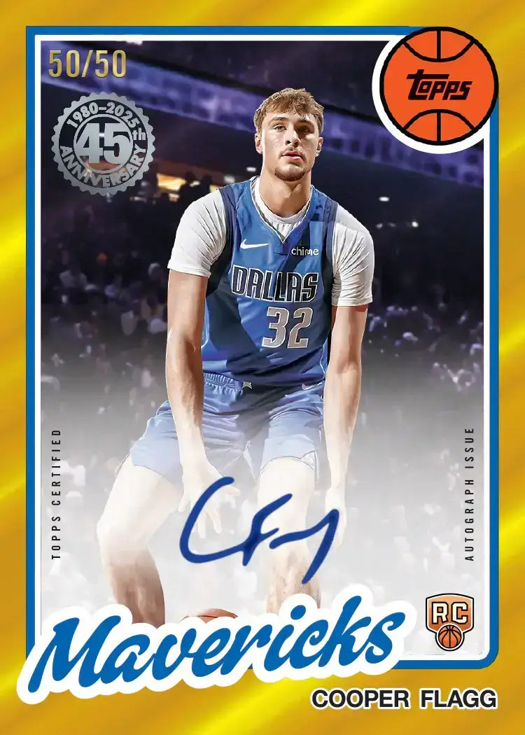 Topps NBA 2025-26 Jumbo Box Mavericks trading card with Cooper Flagg, rookie signature, and limited edition design.