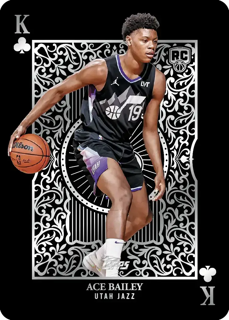 Ace Bailey Utah Jazz playing card style image from Topps NBA 2025-26 Jumbo Box set, featuring rookie basketball player.