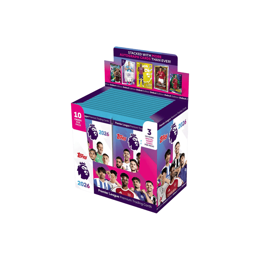 Topps Premier League 2025/26 Box of 28 Packets featuring trading cards and autographs.