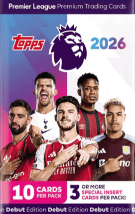 Topps Premier League 2025/26 Box of 28 Packets featuring Premier League 2026 trading cards and players image.