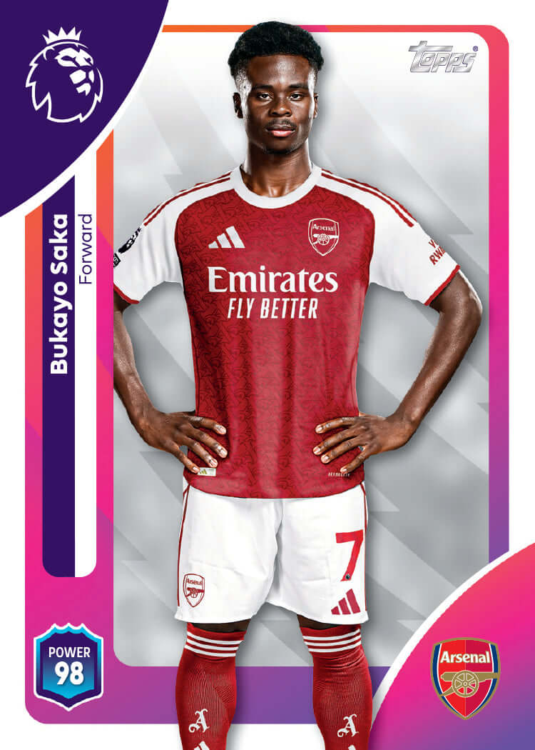 Topps Premier League 2026 Hobby Box card featuring Arsenal player in home kit.