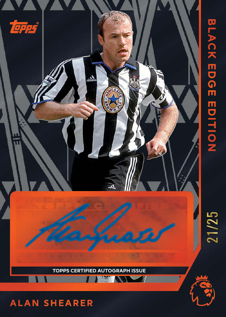 Topps Premier League 2026 Hobby Box featuring an Alan Shearer autographed card from the Black Edge Edition, numbered 21/25.