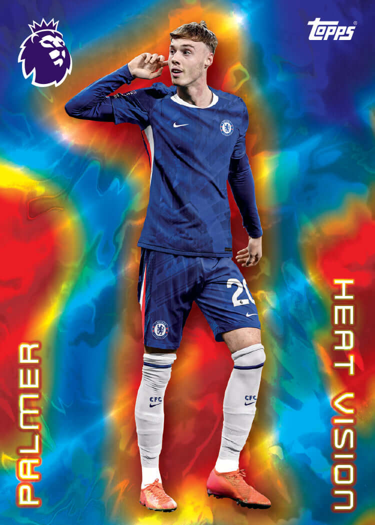 Premier League player in blue kit from Topps Premier League 2026 Hobby Box with vibrant background, Palmer Heat Vision card.