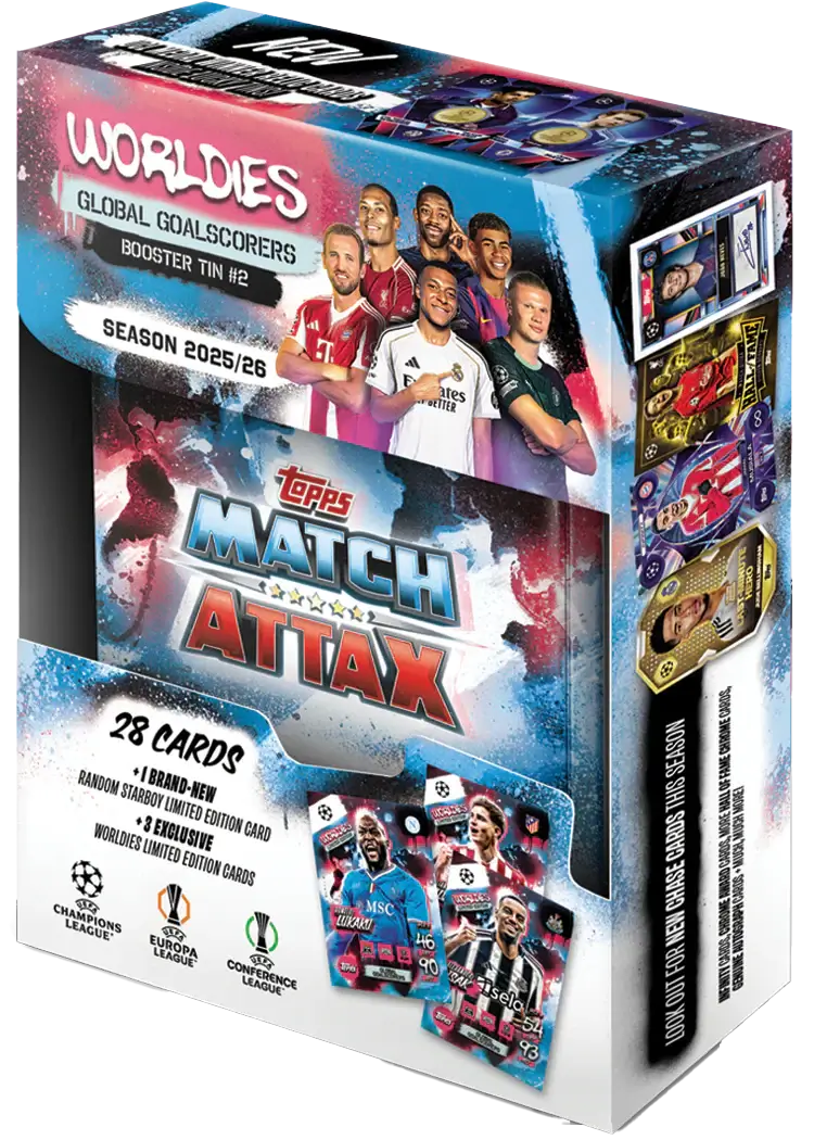 UCC Match Attax 2025/26 - Mini Tin - Global Goalscorers packaging with 28 cards and exclusive LE cards featured.