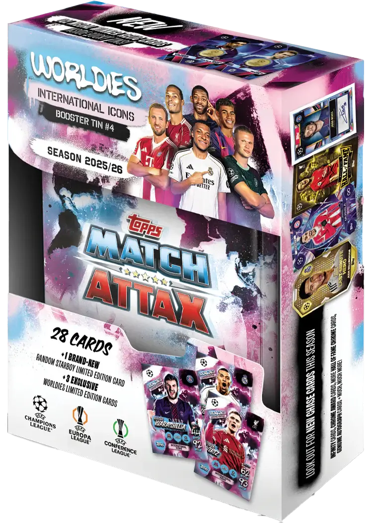 UCC Match Attax 2025/26 - Mini Tin - International Icons packaging with cards and player images