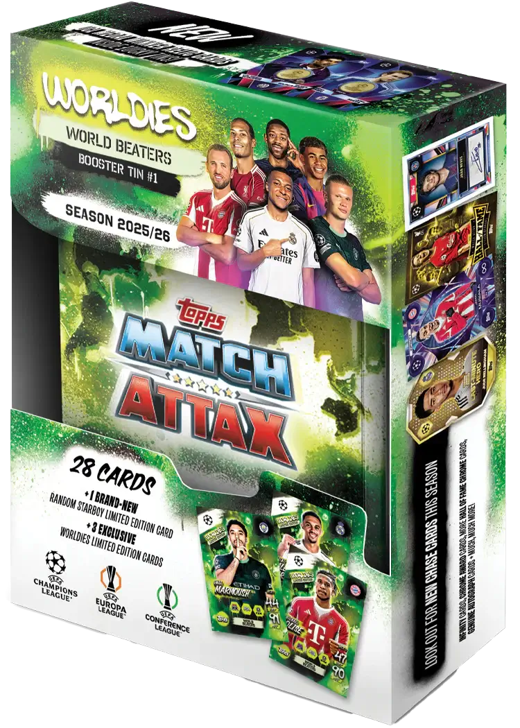 UCC Match Attax 2025/26 - Mini Tin - World Beaters box with 28 cards and exclusive collectibles