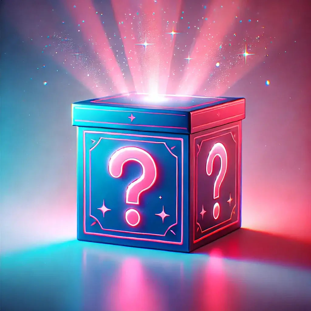 Mystery Box 1 glowing with vibrant light, featuring question marks and stars, perfect for VIPs and surprise product selections.